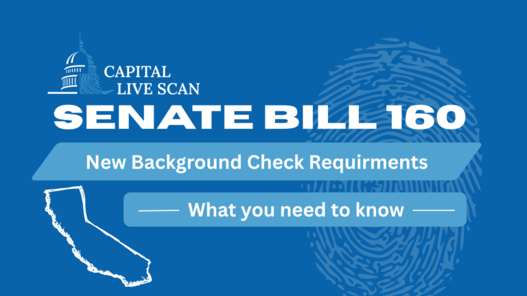 A graphic with a blue background, a fingerprint, an outline of the state of california, and Capital Live Scan's logo. The text states: "Senate Bill 160. New Background Check Requirements. What you need to know."