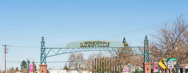 Downtown Roseville arch welcoming residents and applicants visiting Capital Live Scan for walk-in Live Scan Roseville fingerprinting